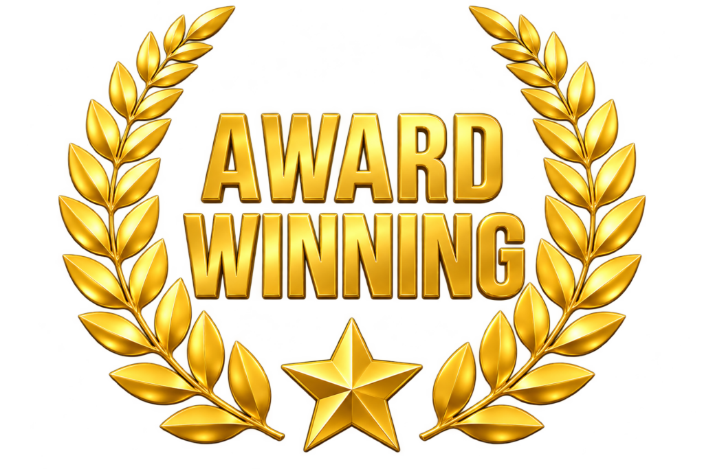 A sturdy gold laurel wreath frames the bold gold lettering AWARD WINNING, with a solid gold star anchored at the bottom center—set against a clean white background, just like quality materials on a fresh slab. - Barndominium Kansas