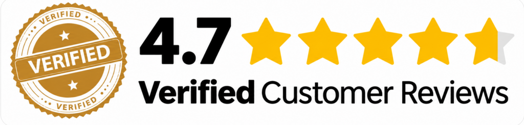 A gold Verified badge shines next to five yellow stars, with a solid 4.7 rating standing out and “Verified Customer Reviews” in bold black lettering—just like our quality craftsmanship and trusted feedback. - Barndominium Kansas