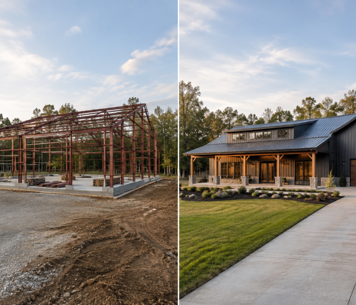 Here’s a split image highlighting our work: on the left, you see the sturdy steel frame going up—quality materials and expert craftsmanship in progress. On the right is the finished product—a stylish barndominium featuring a spacious porch, beautiful landscaping, paved driveway, and mature trees all around. - Barndominium Kansas