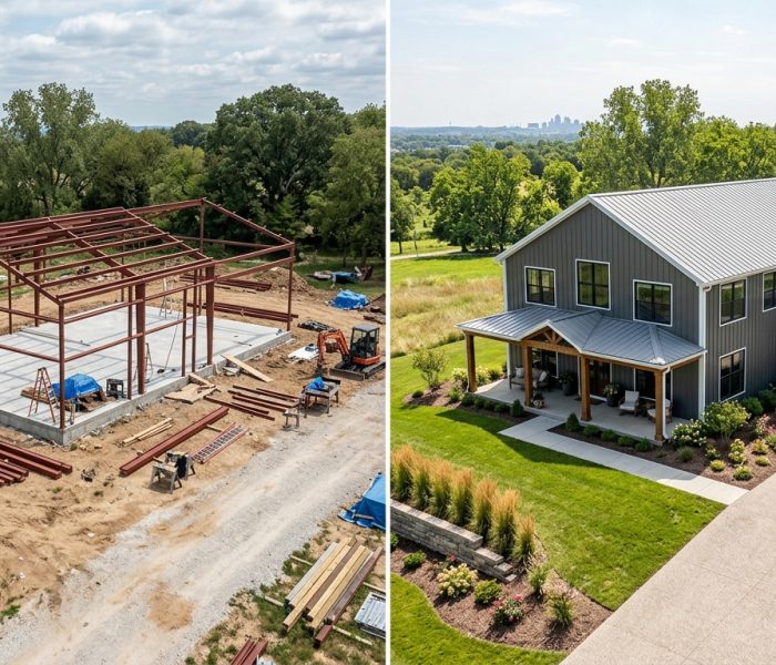 Side-by-side comparison: On the left, you see a sturdy steel frame being erected on a clear dirt pad, laying the groundwork for a barndominium. On the right, that same project is finished—a spacious two-story gray barndominium with a durable metal roof, professionally landscaped yard, and wide driveway set against a scenic rural backdrop. - Barndominium Kansas